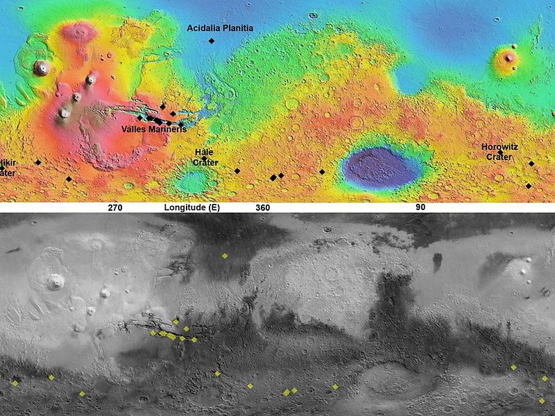 This pair of maps indicates locations of confirmed sites of recurrent slope linea on Mars, with respect to elevation (upper map) and surface brightness, or albedo (lower map). Recurrent slope linea are a class of markings that might be caused by flow of salty water. These dark lines advance downhill during warmer months, fade away in colder months, and reappear the following year. A paper by McEwen et al. in Nature Geoscience in December 2013 focuses on recent confirmation that these features exist surprisingly close to the equator. A cluster of recent findings is in the Valles Marineris area.The albedo information comes from the Thermal Emission Spectrometer on NASA's Mars Odyssey orbiter. Surface topographical information for the map comes from the Mars Orbiter Laser Altimeter on NASA's Mars Global Surveyor orbiter.